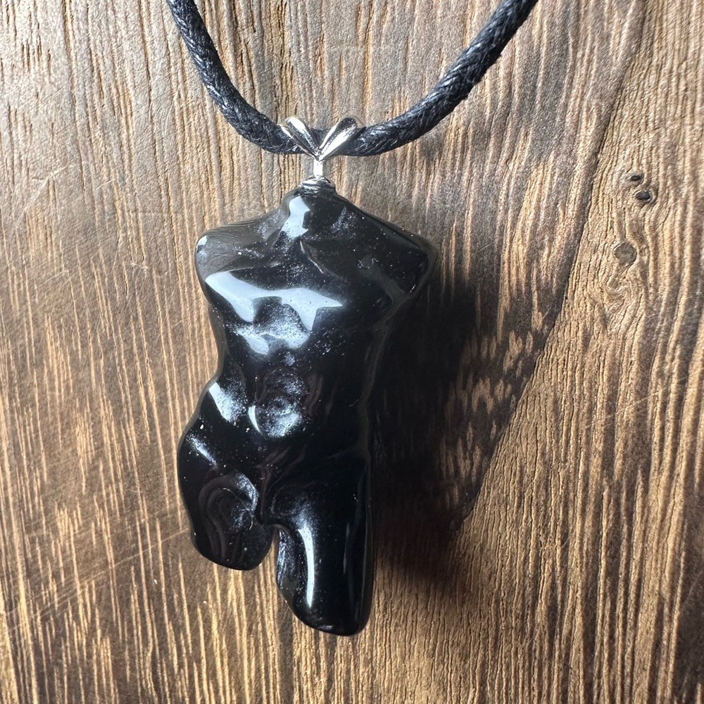 Black Obsidian Male Body Pendant Necklace on Black Rope, Sterling Silver Clasp - Picture 4 of 10